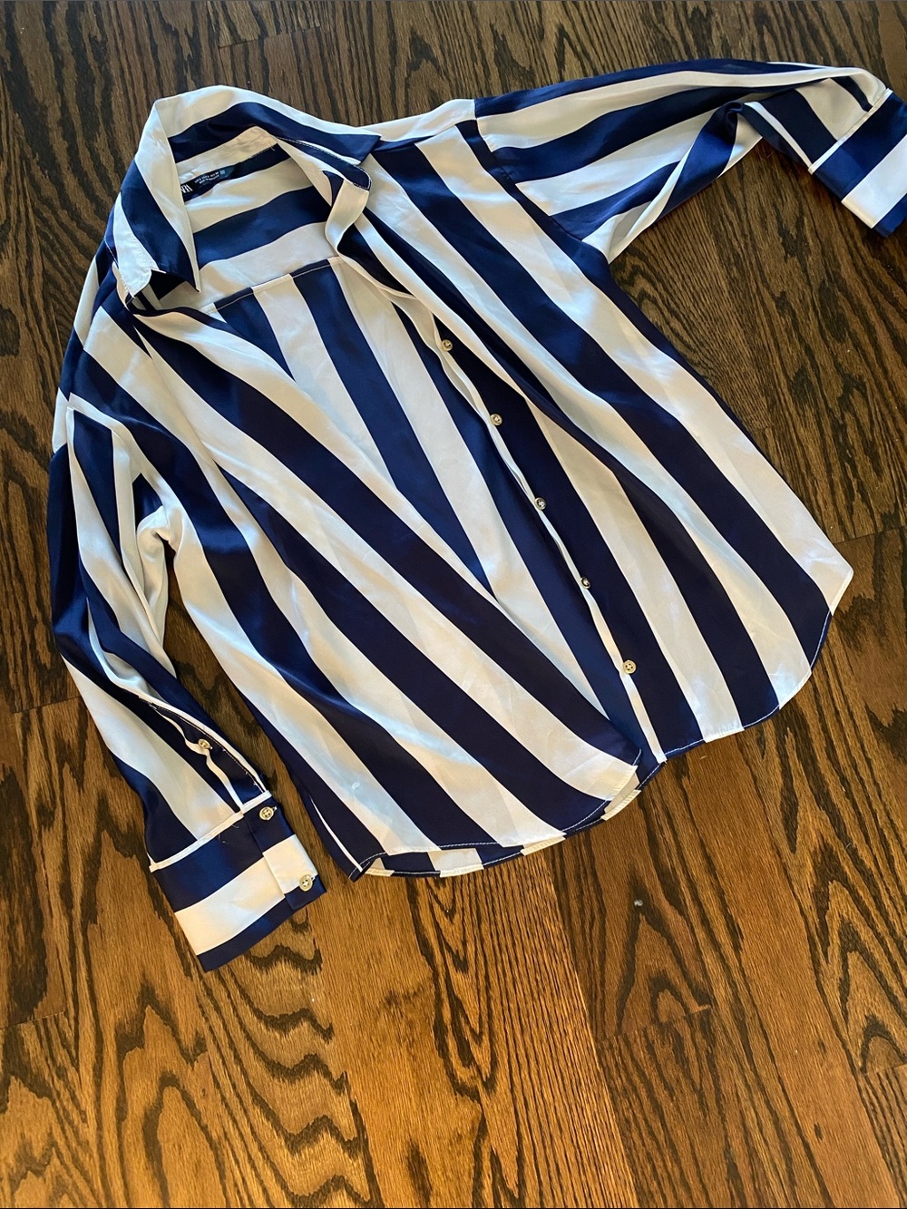 Zara Navy and White Vertical Stripe Button-Up Blouse